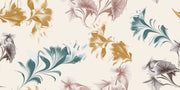 Abstract watercolor floral wall mural with oversized botanical patterns in gold, teal, and taupe tones, perfect for modern and artistic interior decor.