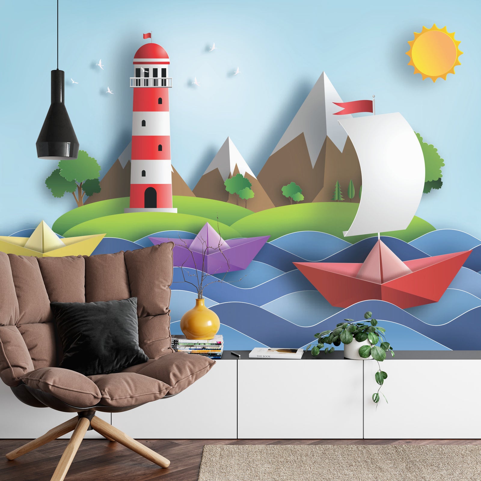 Paper boat and lighthouse wall mural image 0