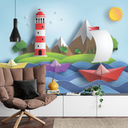 Paper boat and lighthouse wall mural image 0