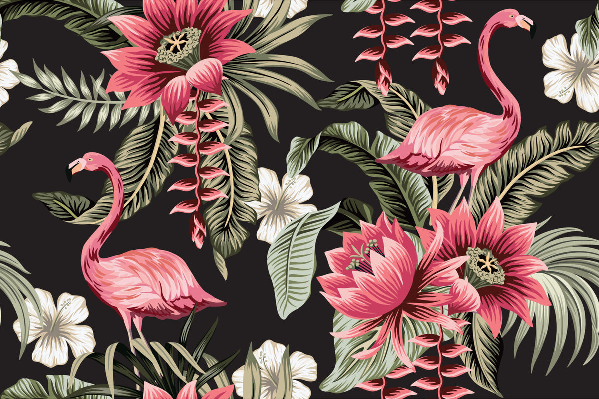 Tropical flowers and flamingos wall mural image 1
