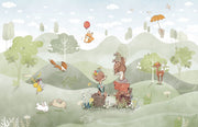 Woodland animal wall mural featuring foxes, deer, rabbits and a duck in a peaceful green forest; perfect for nurseries, playrooms and kid's bedrooms.