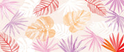 Colorful tropical leaf wall mural featuring overlapping monstera and palm leaves in soft orange, pink, and red tones.