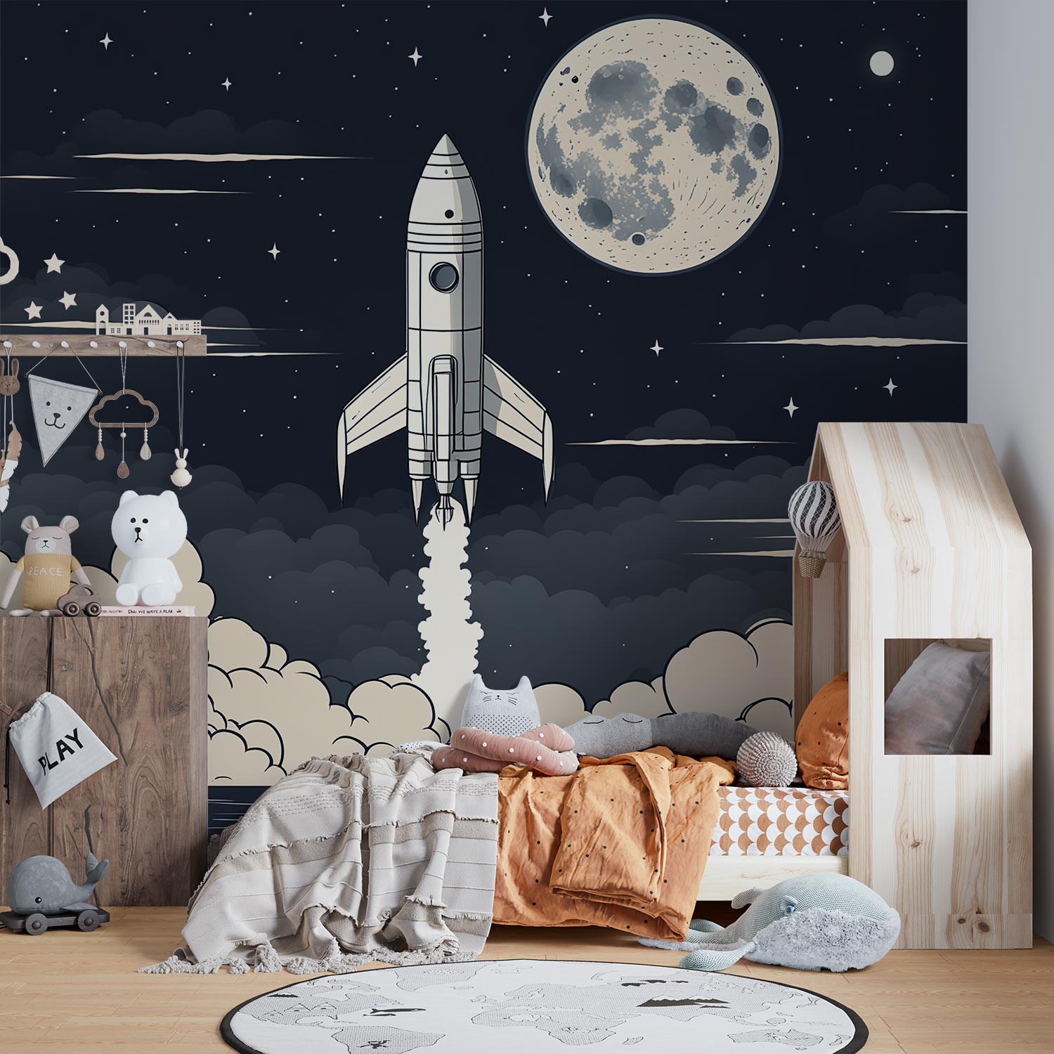 Cartoon Spaceship Wall Mural decorating kids bedroom.