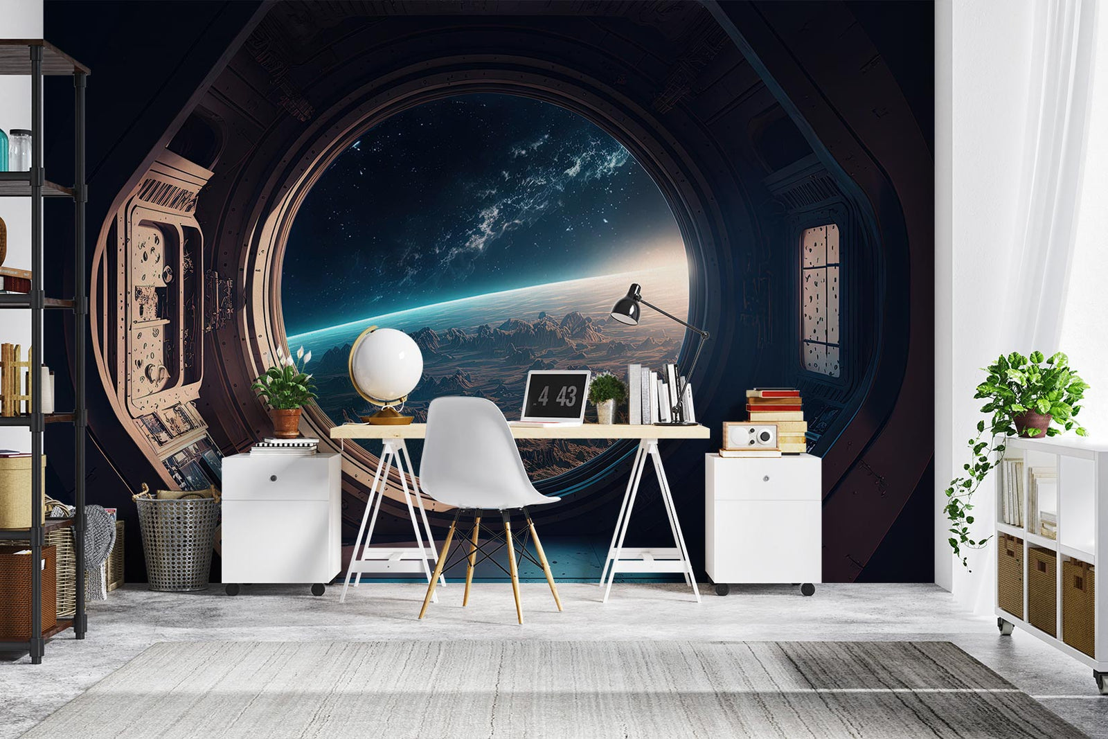Spaceship Window Wallpaper Mural decorating a home office.
