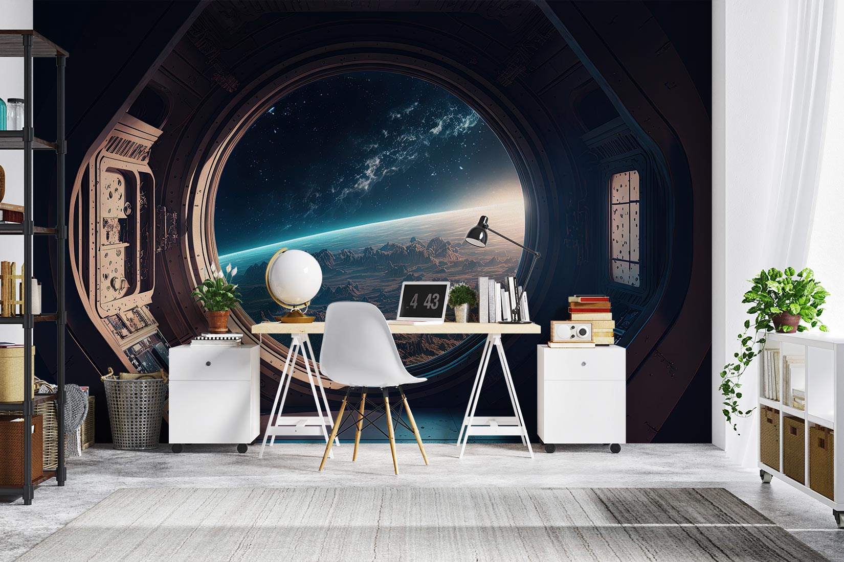 Spaceship Window Wallpaper Mural decorating a home office.