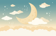 Pastel moon and clouds wall mural with twinkling stars, perfect for nurseries and kids' rooms.