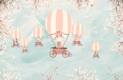 Whimsical kids’ wall mural with baby animals in hot air balloons, cherry blossoms, and a pastel sky—perfect for nurseries and playrooms.