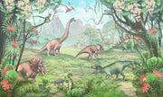 Jurassic Dinosaur Wall Mural – Realistic Prehistoric Scene with Brachiosaurus, Triceratops, and Velociraptors in a Lush Green Landscape.