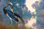 River Grace wall mural featuring a poised heron with rich blue feathers against a dreamy Impressionist river landscape in calming, painterly tones.