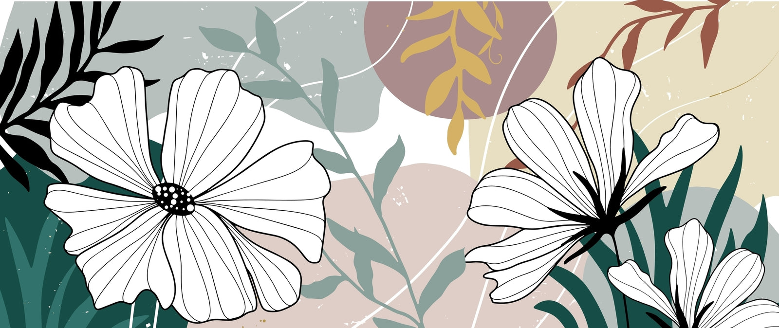 Abstract floral line art pattern featuring large white outlined flowers with black outlines, green leaves, and soft pastel background shapes in beige, blush, and muted green.