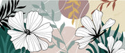Abstract floral line art pattern featuring large white outlined flowers with black outlines, green leaves, and soft pastel background shapes in beige, blush, and muted green.