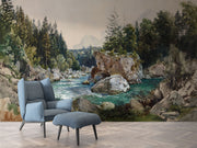 Vintage watercolor wall mural featuring a scenic river winding through rocky terrain and pine forest, with distant mountains in the background.