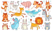 Colorful cartoon animal wall mural in a children's playroom featuring a fox, lion, bunny, shark, elephant, and more