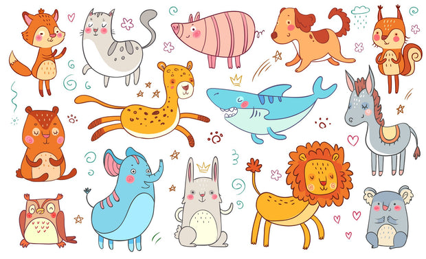 Colorful cartoon animal wall mural in a children's playroom featuring a fox, lion, bunny, shark, elephant, and more