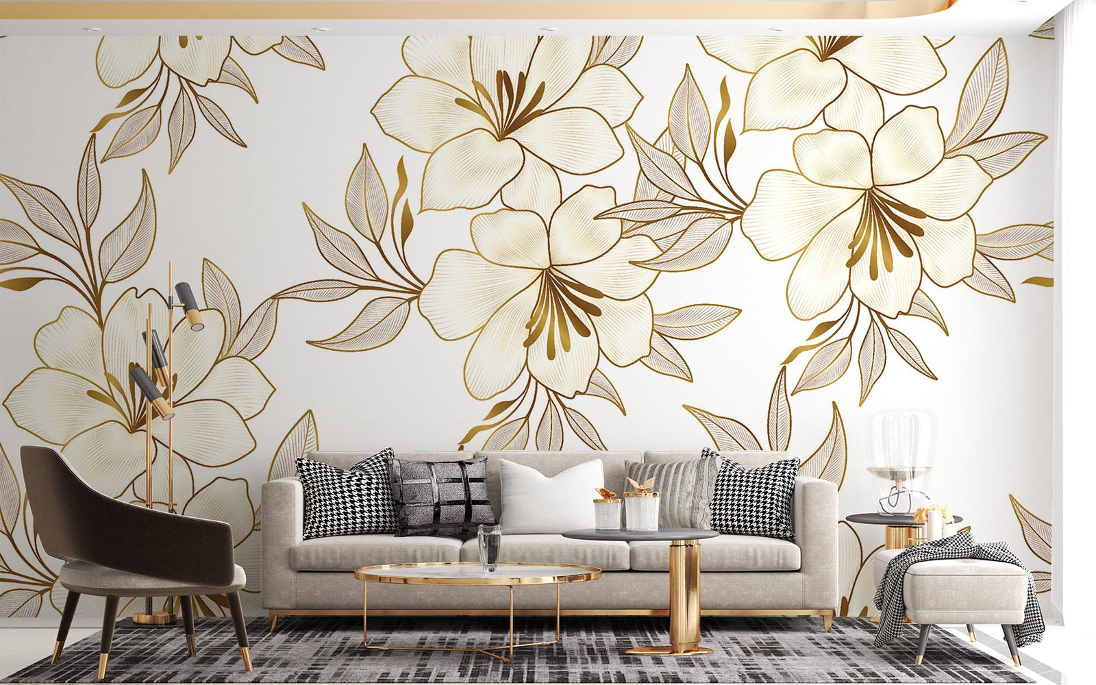 Elegant gold floral wall mural with oversized flowers and intricate leaves, featured in a modern living room with neutral and luxurious decor.