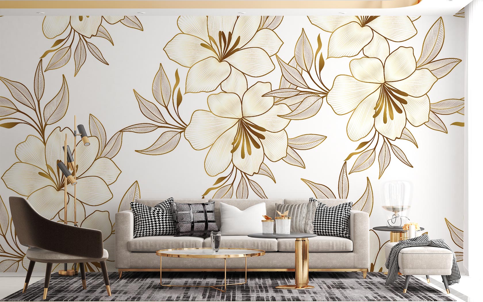 Elegant gold floral wall mural with oversized flowers and intricate leaves, featured in a modern living room with neutral and luxurious decor.