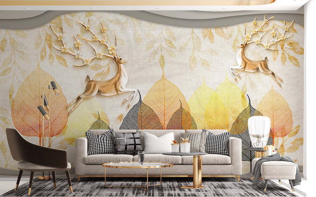 Golden Deer & Autumn Leaves Wall Mural – Elegant Nature-Inspired Wallpaper with Floral Antler Deer and Warm Autumn Hues for Luxury Interiors.