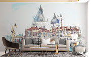Venetian Daydream watercolor wall mural of Venice with dome architecture and canal, styled in modern interior decor.