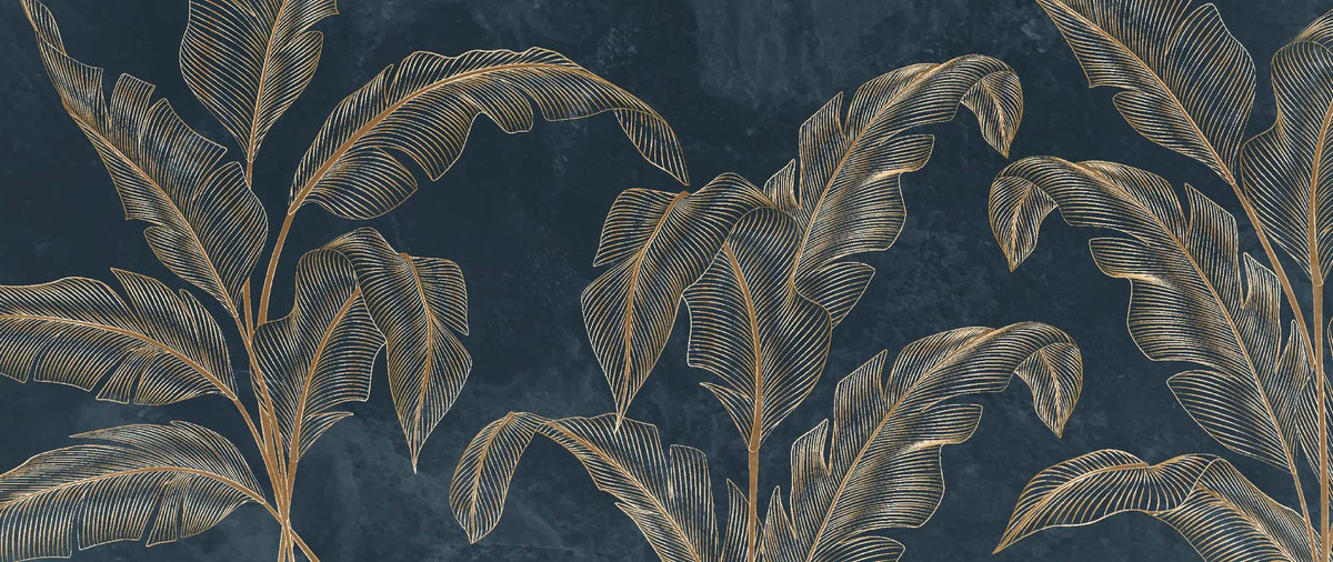 Golden banana leaf wall mural with metallic leaves on a deep black background.