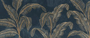 Golden banana leaf wall mural with metallic leaves on a deep black background.