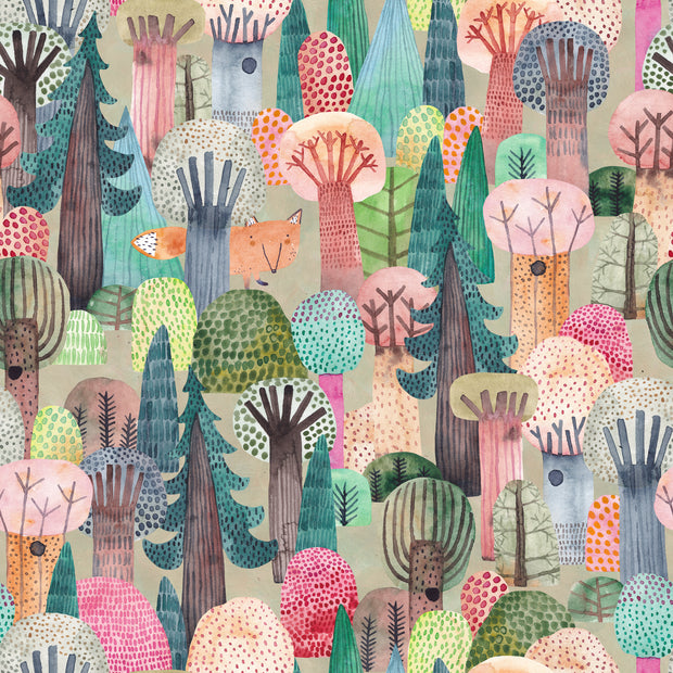 Colorful pattern of stylized trees and animals in a forest setting