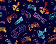 Colorful gaming controller and joystick illustrations with 'GAME' and 'WOW' text on a dark background.
