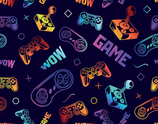 Colorful gaming controller and joystick illustrations with 'GAME' and 'WOW' text on a dark background.