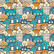 Colorful geometric house wall mural featuring vibrant blue, orange, and beige houses with minimalist trees, creating a modern and lively room atmosphere.
