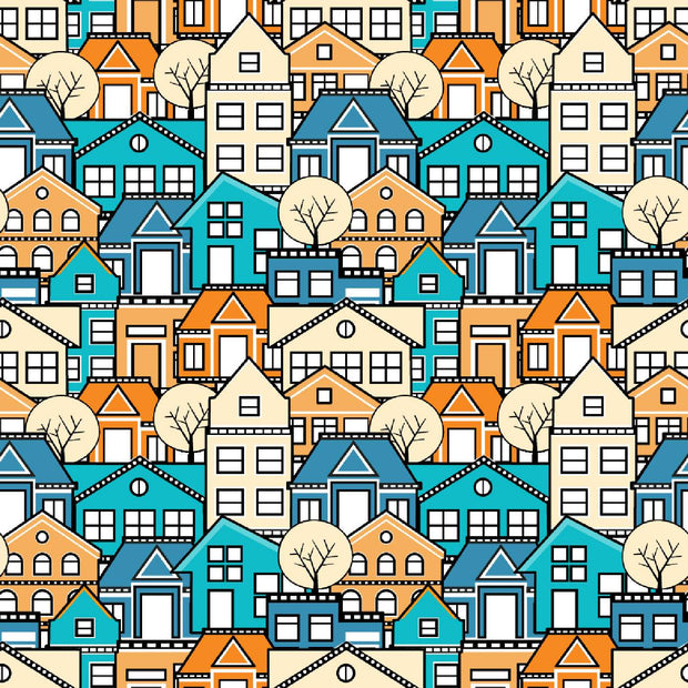 Colorful geometric house wall mural featuring vibrant blue, orange, and beige houses with minimalist trees, creating a modern and lively room atmosphere.