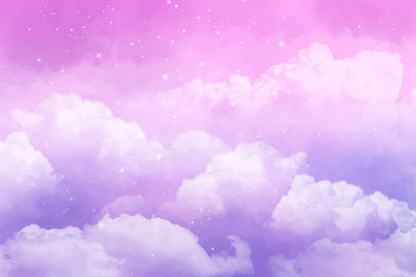 Dreamy cloud-themed wall mural with soft purple hues and fluffy white clouds.