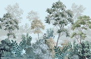 Hand-painted forest landscape wall mural with soft greens and layered trees, creating a tranquil and elegant nature-inspired interior.