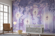 Enchanted forest wall mural with a mystical woodland scene, featuring a silhouetted deer, soft purple hues, glowing lanterns, and delicate foliage – ideal for kids’ rooms and elegant nature-inspired decor.