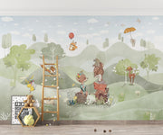 Woodland animal wall mural featuring foxes, deer, rabbits and a duck in a peaceful green forest; perfect for nurseries, playrooms and kid's bedrooms.