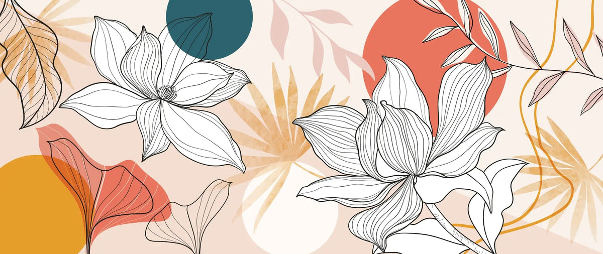 Full design layout of minimalist floral line art wall mural with warm terracotta, mustard, and navy shapes.

