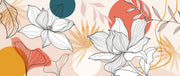Full design layout of minimalist floral line art wall mural with warm terracotta, mustard, and navy shapes.

