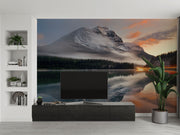Escape into nature with the Majestic Mountain Lake Wall Mural. Featuring a serene mountain reflection at sunset, perfect for bedrooms and living spaces.