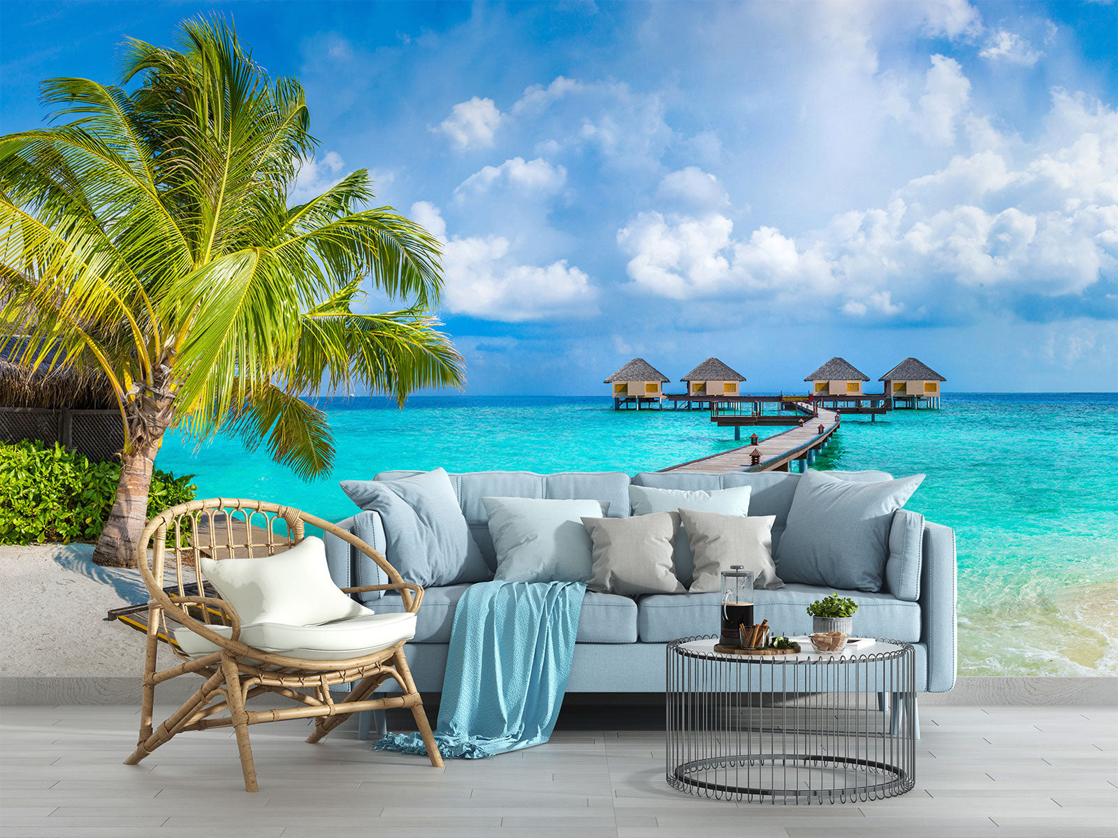 Tropical paradise wall mural with overwater bungalows, palm trees, turquoise sea, and a wooden pier, creating a serene and exotic room atmosphere.