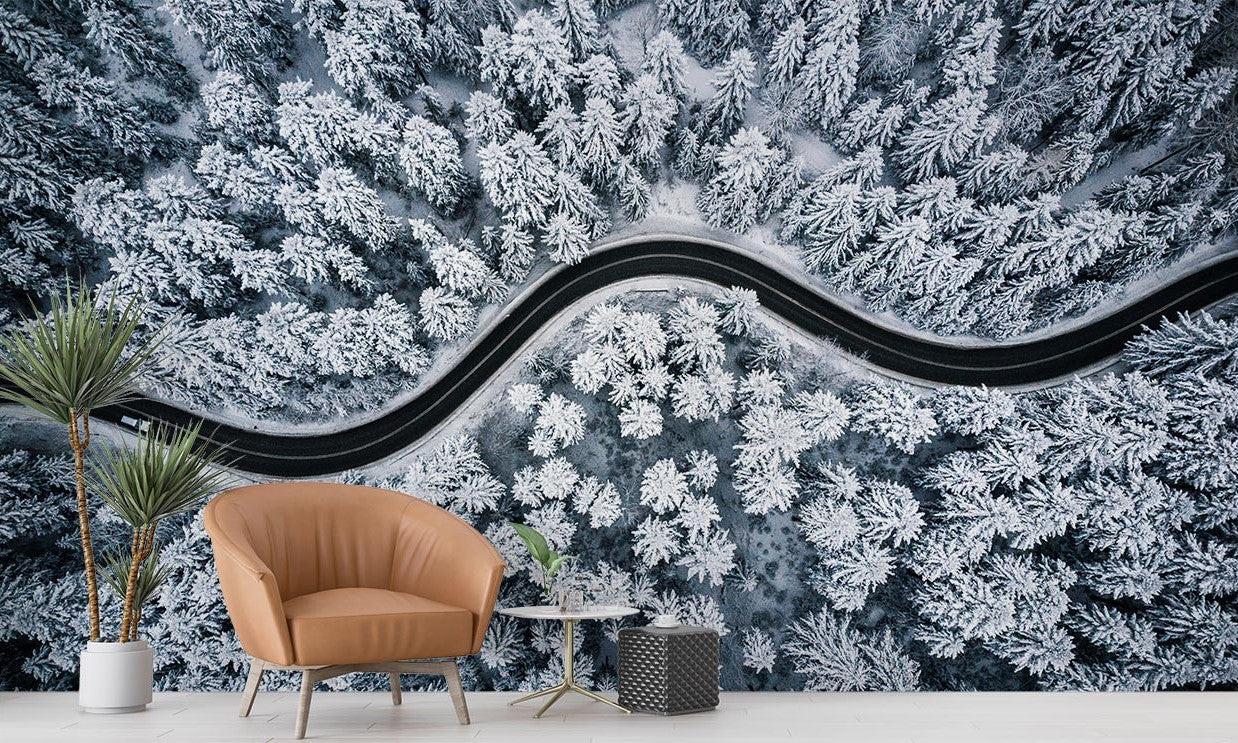 Snowfall Aerial View Wallpaper Mural image 0