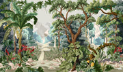 Lush jungle wall mural featuring a mystical forest landscape with dense greenery, exotic plants, and a serene pathway.