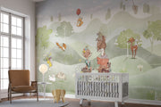 Woodland animal wall mural featuring foxes, deer, rabbits and a duck in a peaceful green forest; perfect for nurseries, playrooms and kid's bedrooms.