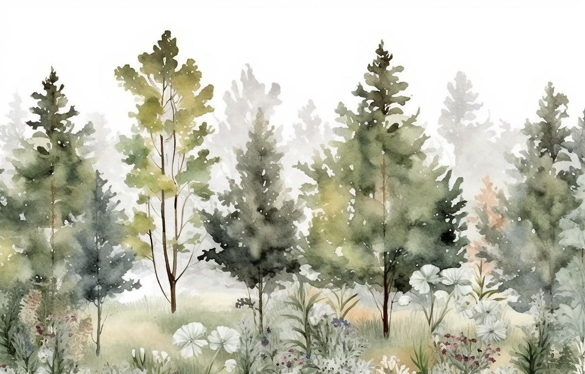 Watercolor forest wall mural with soft green pine trees and a misty effect, creating a peaceful and artistic woodland-inspired space.