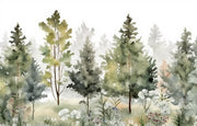 Watercolor forest wall mural with soft green pine trees and a misty effect, creating a peaceful and artistic woodland-inspired space.