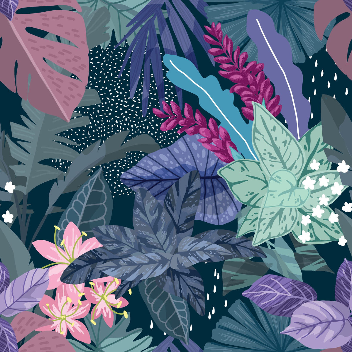 Illustrated tropical botanical wall mural with large jungle leaves, pink lilies, white flowers, and deep blue background.
