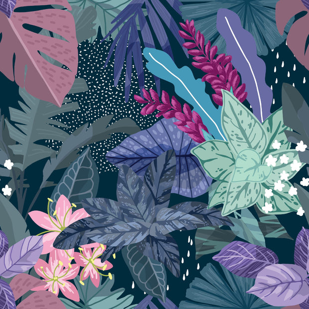 Illustrated tropical botanical wall mural with large jungle leaves, pink lilies, white flowers, and deep blue background.