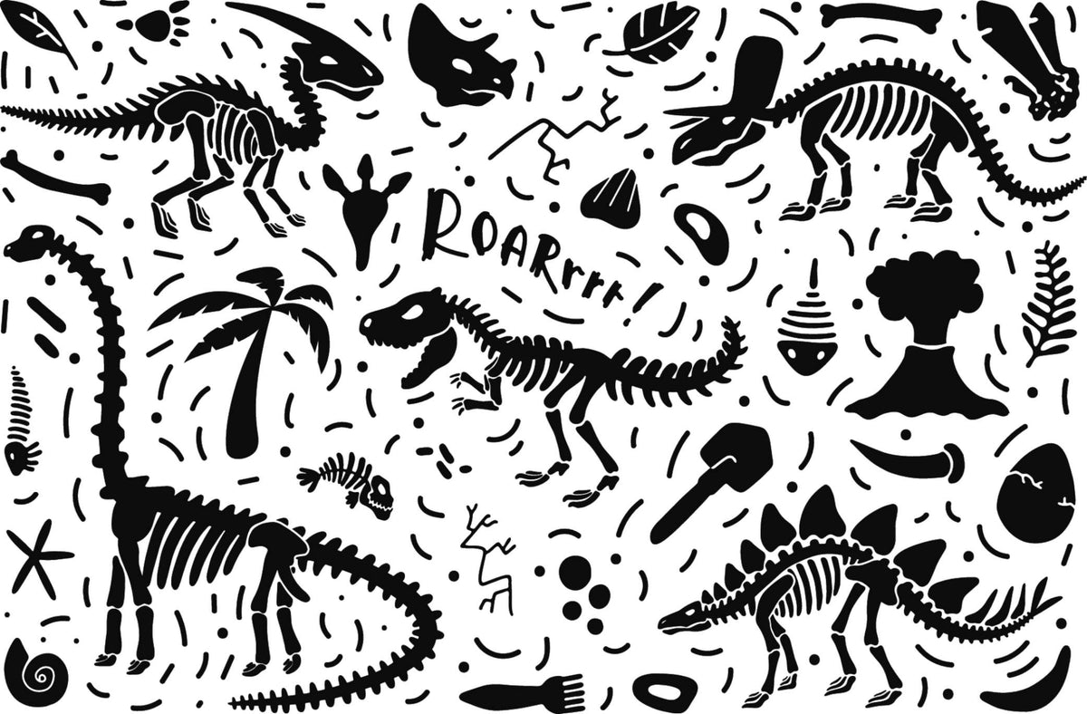 Black-and-white dinosaur-themed wall mural with skeletons, fossils, and "ROAR" text.
