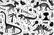 Black-and-white dinosaur-themed wall mural with skeletons, fossils, and "ROAR" text.
