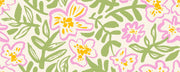 Floral wall mural with bold pink and yellow flowers and green leaves.