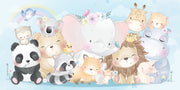 Watercolor baby animal wall mural with an elephant, lion, panda, fox, koala, and other cute creatures in pastel tones.