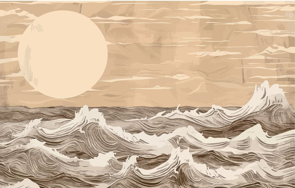 Minimalist ocean waves wall mural in beige and brown tones, featuring stylized waves and a large sun.