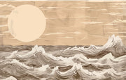 Minimalist ocean waves wall mural in beige and brown tones, featuring stylized waves and a large sun.
